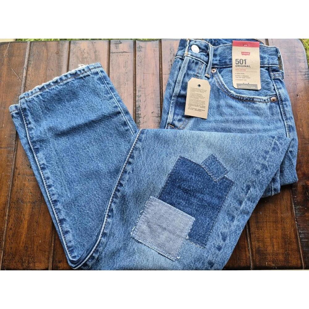 NWT Levis Premium 501 PATCH Straight Jeans 24x30 Womens Button Fly Distress $79 - Picture 4 of 9